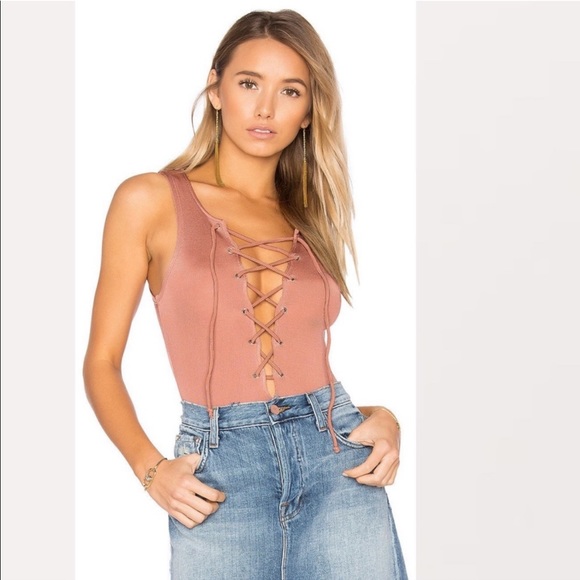 Tularosa Lace Up Ribbed Bodysuit in Nile Blush Color - Picture 3 of 7